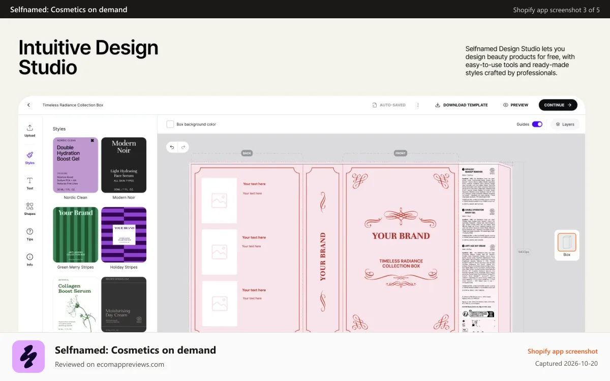 Selfnamed: Cosmetics on demand Shopify app screenshot: in-built design studio for product designs