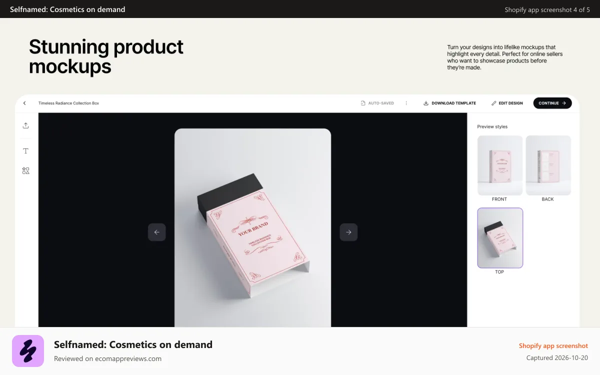 Selfnamed: Cosmetics on demand Shopify app screenshot: generate high quality products mockups
