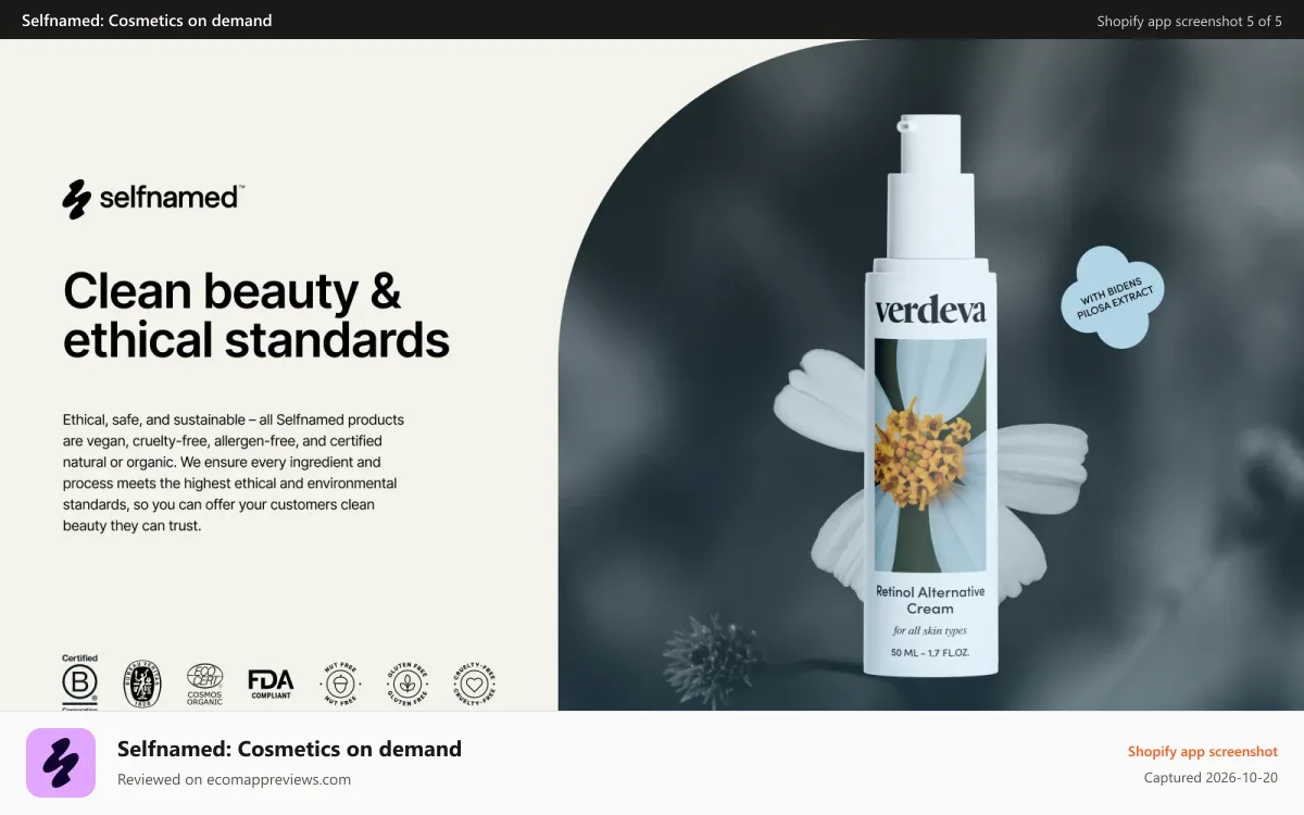 Selfnamed: Cosmetics on demand Shopify app screenshot: clean products that natural and organic certifications
