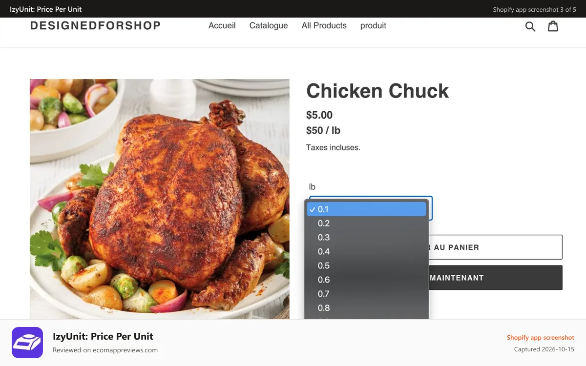 IzyUnit: Price Per Unit Shopify app screenshot: Product Page