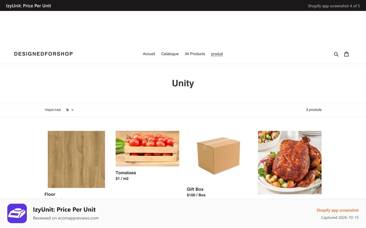 IzyUnit: Price Per Unit Shopify app screenshot: Collection Page