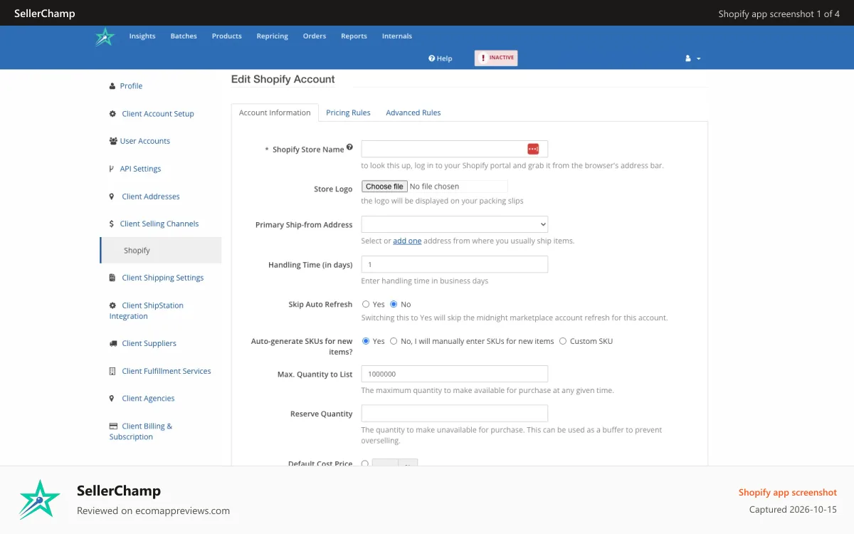 SellerChamp Shopify app screenshot: Easily add your Shopify store with default settings