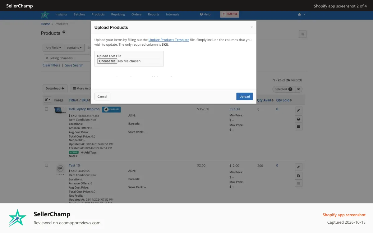 SellerChamp Shopify app screenshot: Update products in bulk with just two clicks using a CSV file