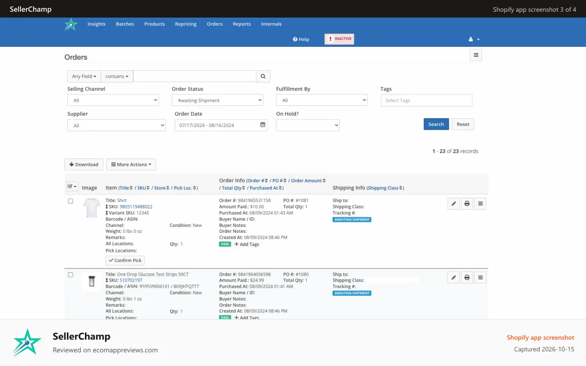 SellerChamp Shopify app screenshot: Create pick-lists and route or ship your orders