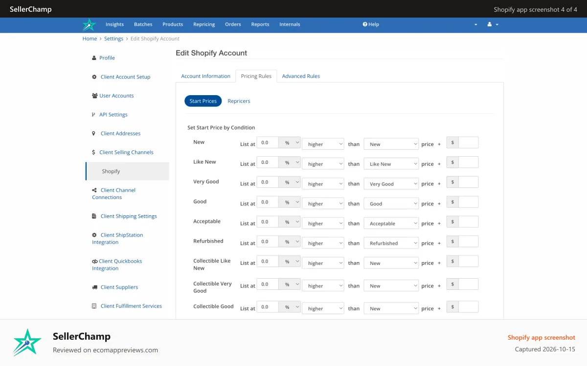 SellerChamp Shopify app screenshot: Use our sales based repricer to optimize pricing in realtime