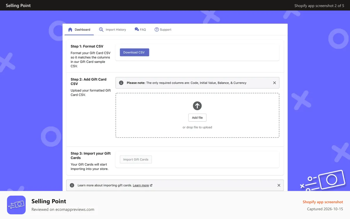 Selling Point Shopify app screenshot: Selling Point Gift Card Migration Dashboard