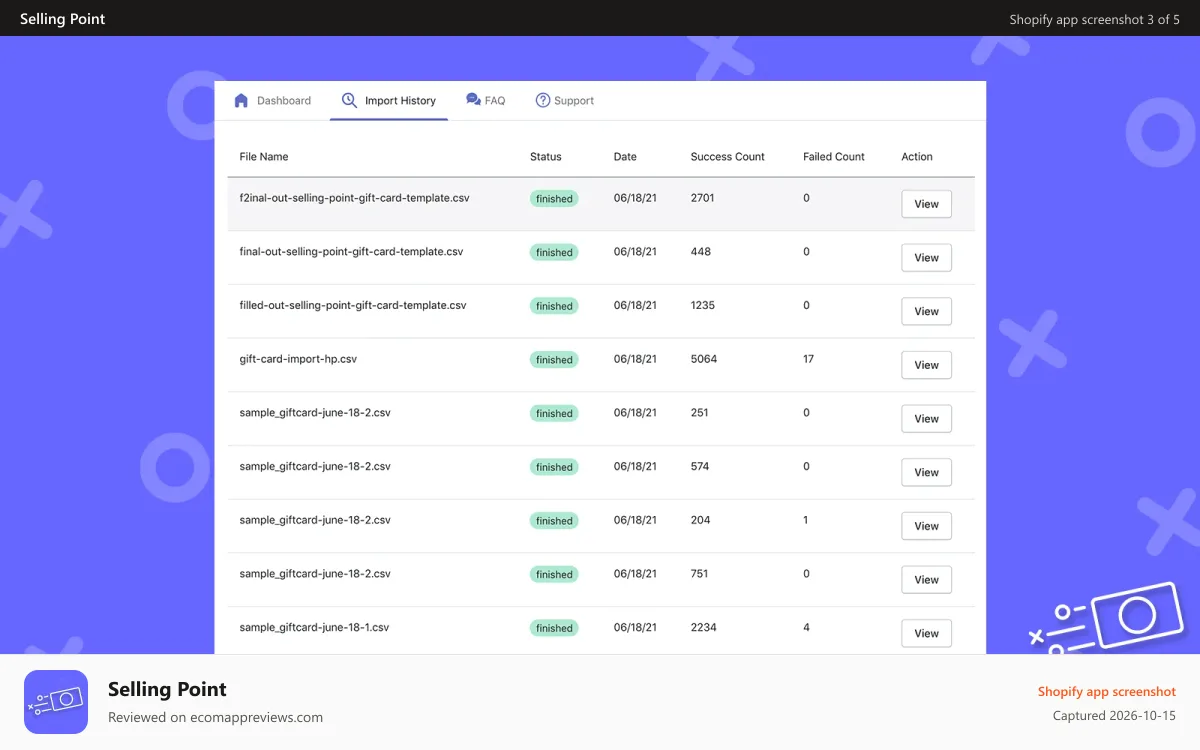 Selling Point Shopify app screenshot: Selling Point Gift Card Migration History