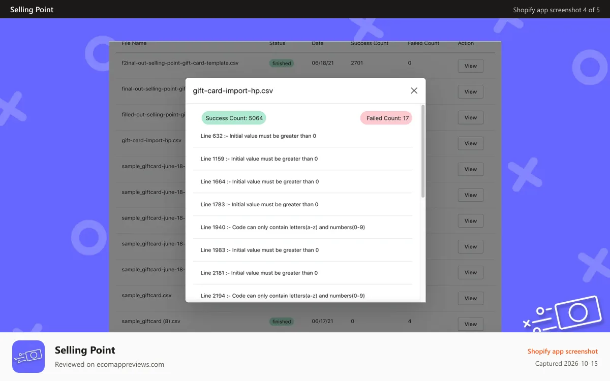 Selling Point Shopify app screenshot: Selling Point Gift Card Migration History Results and Errors