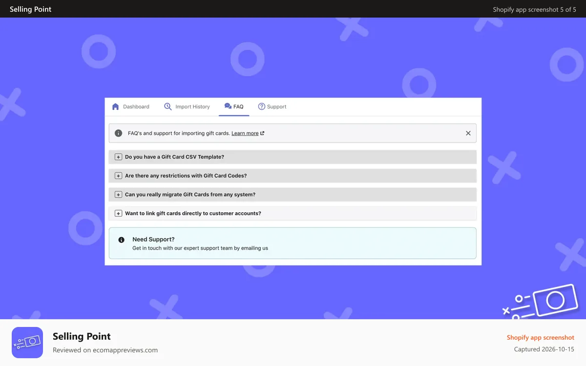 Selling Point Shopify app screenshot: Selling Point Gift Card Migration Frequently Ask Questions FAQ