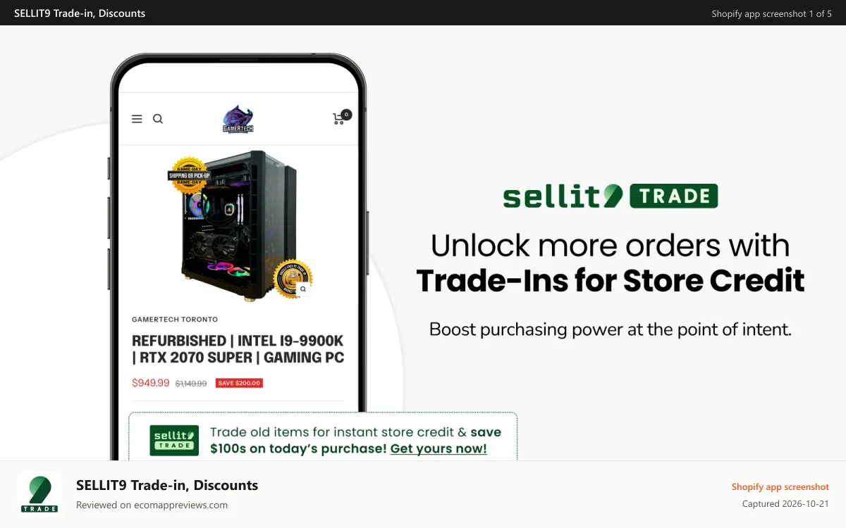 SELLIT9 Trade‑in, Discounts Shopify app screenshot: Unlock more orders with Trade-Ins for Store Credit