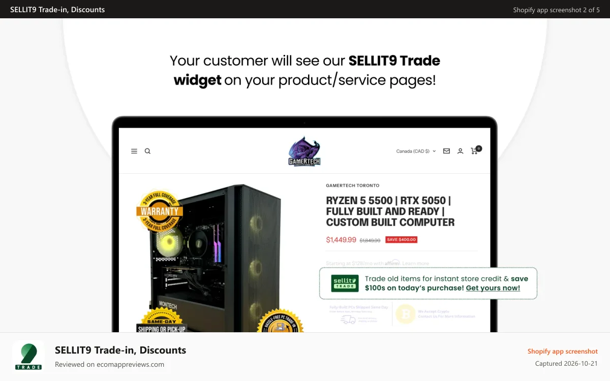SELLIT9 Trade‑in, Discounts Shopify app screenshot: SELLIT9 Trade widget on your product/service pages!