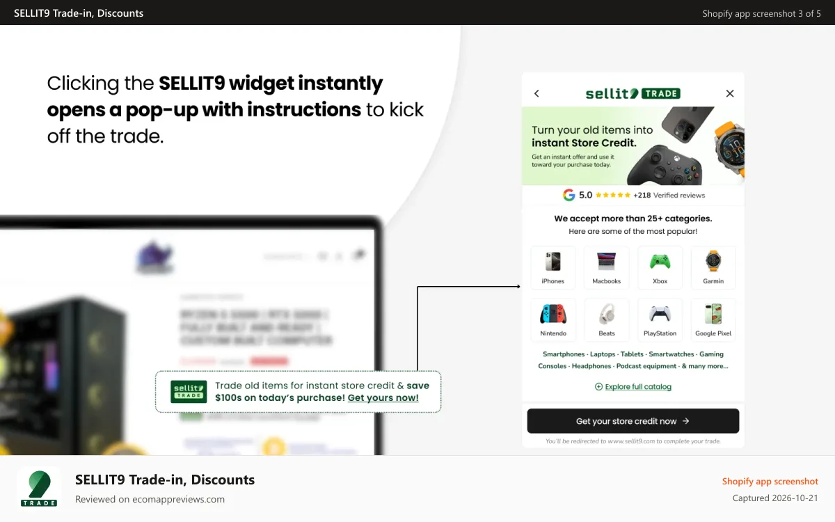 SELLIT9 Trade‑in, Discounts Shopify app screenshot: SELLIT9 widget instantly opens a pop-up with instructions.