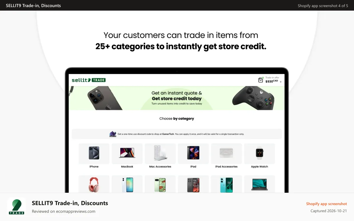 SELLIT9 Trade‑in, Discounts Shopify app screenshot: 25+ categories to instantly get store credit.