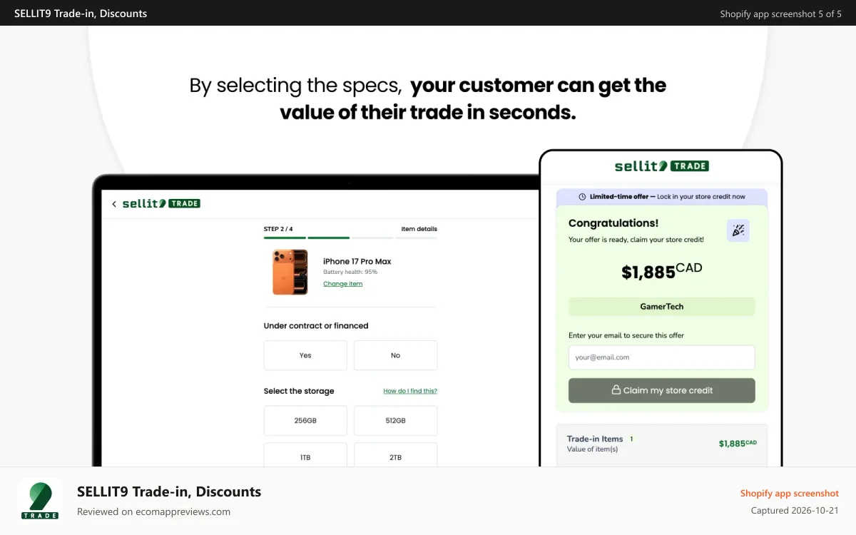 SELLIT9 Trade‑in, Discounts Shopify app screenshot: Your customer can get the value of their trade in seconds.