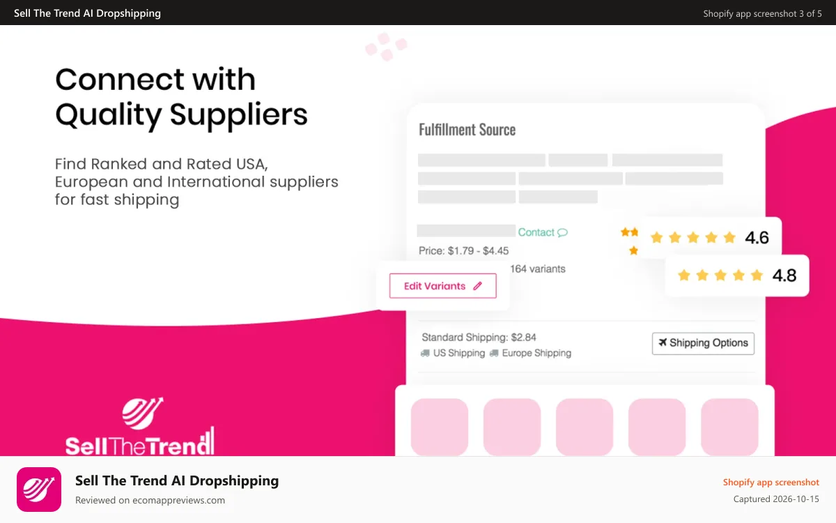 Sell The Trend AI Dropshipping Shopify app screenshot: Connect with Ranked and Rated Suppliers