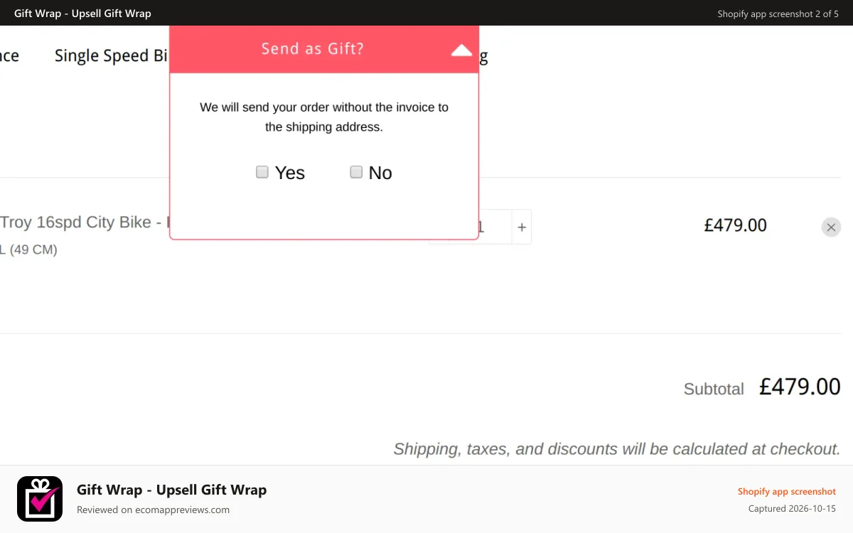 Gift Wrap ‑ Upsell Gift Wrap Shopify app screenshot: Popup top middle without icon