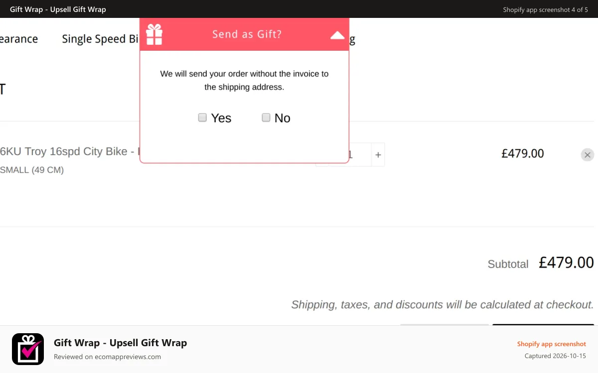 Gift Wrap ‑ Upsell Gift Wrap Shopify app screenshot: Popup top middle with icon