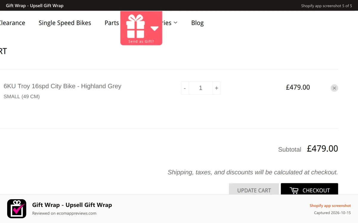 Gift Wrap ‑ Upsell Gift Wrap Shopify app screenshot: Popup top middle with icon collapsed