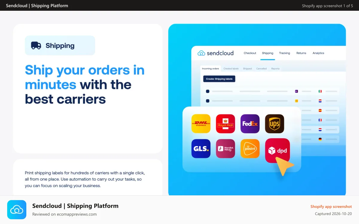 Sendcloud | Shipping Platform Shopify app screenshot: Ship your orders in minutes with the best carriers | Sendcloud