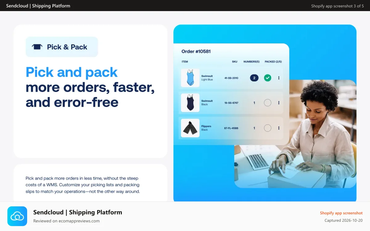 Sendcloud | Shipping Platform Shopify app screenshot: Pick and pack more orders, faster, and error-free | Sendcloud