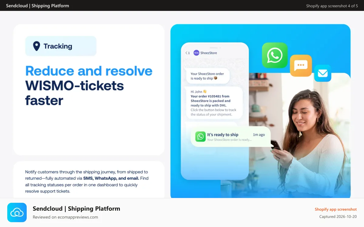 Sendcloud | Shipping Platform Shopify app screenshot: Reduce and resolve WISMO-tickets faster | Sendcloud