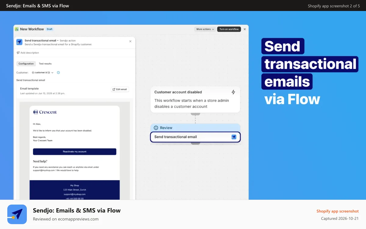 Sendjo: Emails & SMS via Flow Shopify app screenshot: Add action to Shopify Flow to send transactional emails & sms