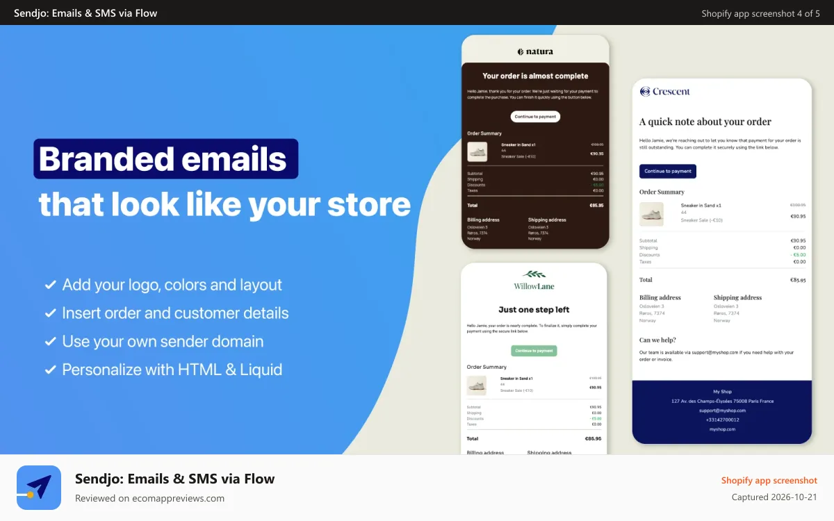 Sendjo: Emails & SMS via Flow Shopify app screenshot: Branded emails that get recognized by your customers