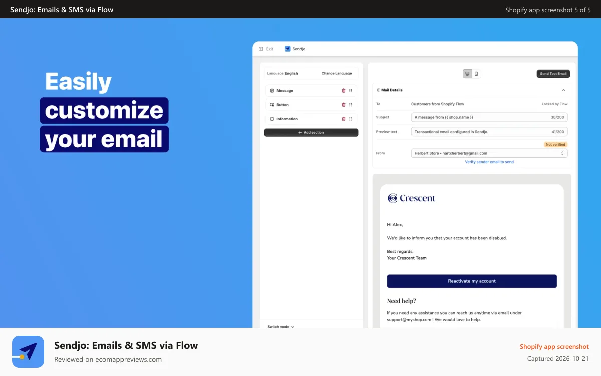 Sendjo: Emails & SMS via Flow Shopify app screenshot: Super simple Drag and drop email template editor
