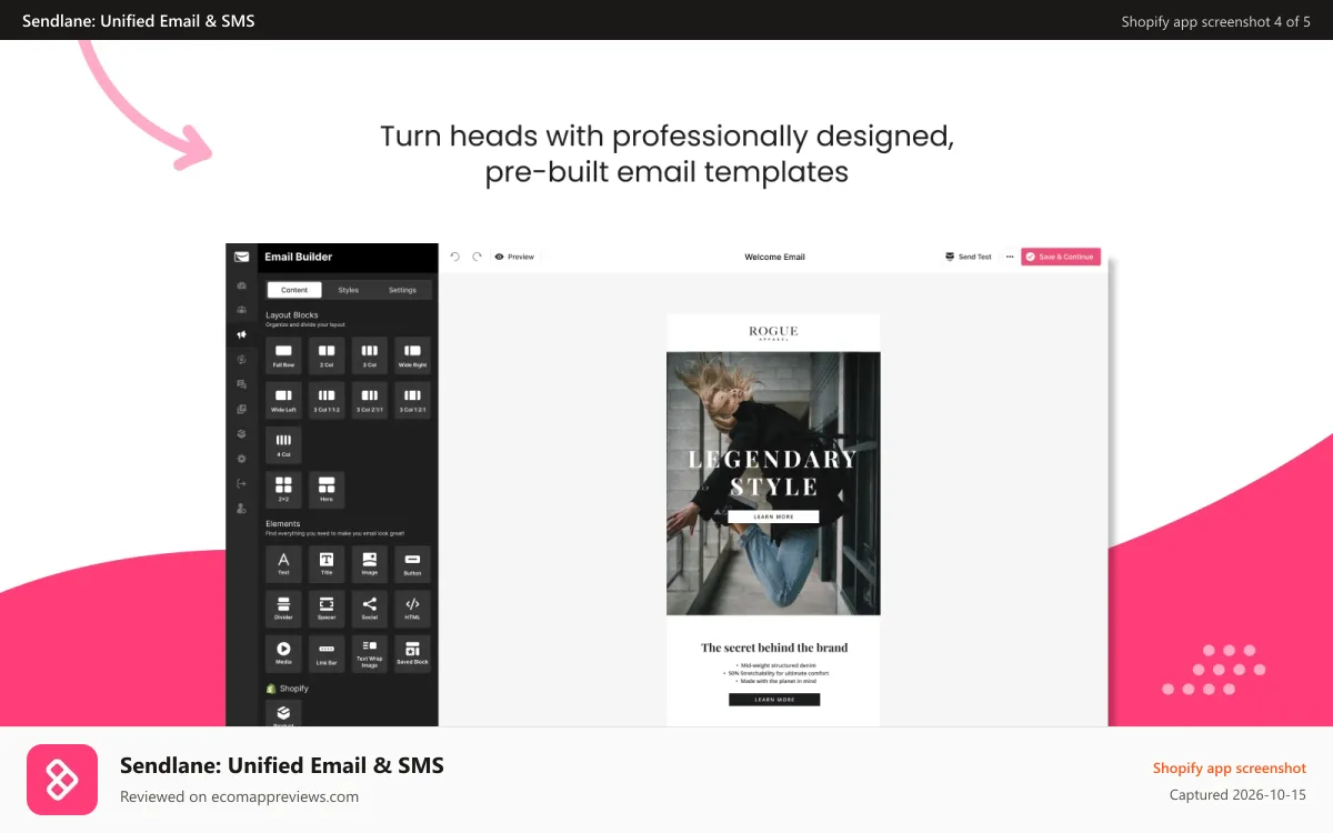 Sendlane: Unified Email & SMS Shopify app screenshot: Sendlane Email Builder