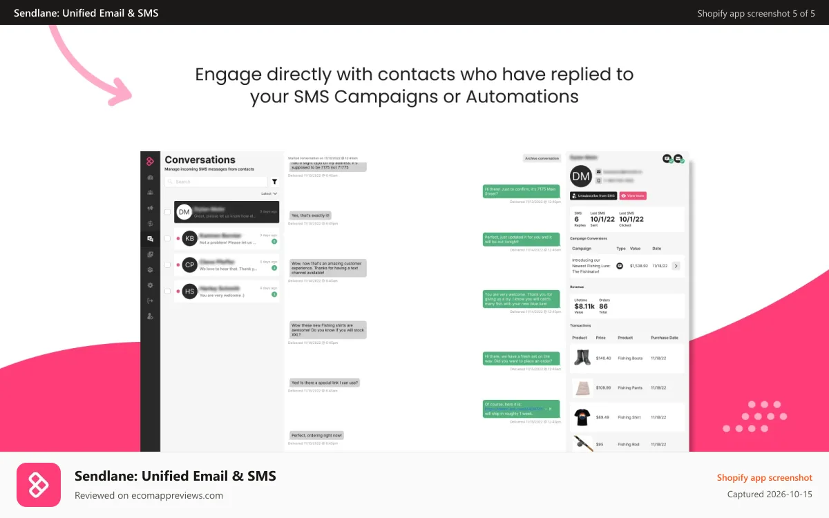 Sendlane: Unified Email & SMS Shopify app screenshot: Sendlane SMS Two-Way Reply