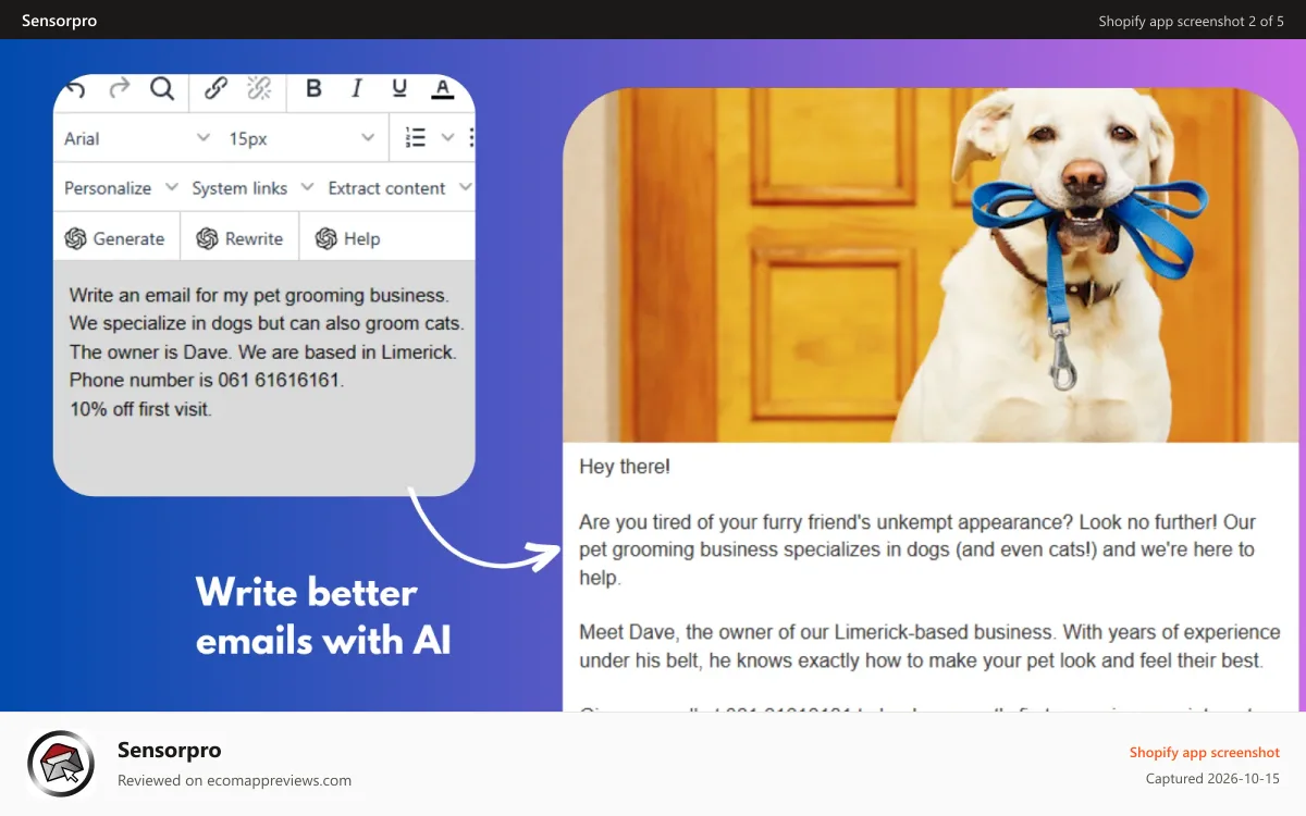 Sensorpro Shopify app screenshot: Write better emails with ChatGPT