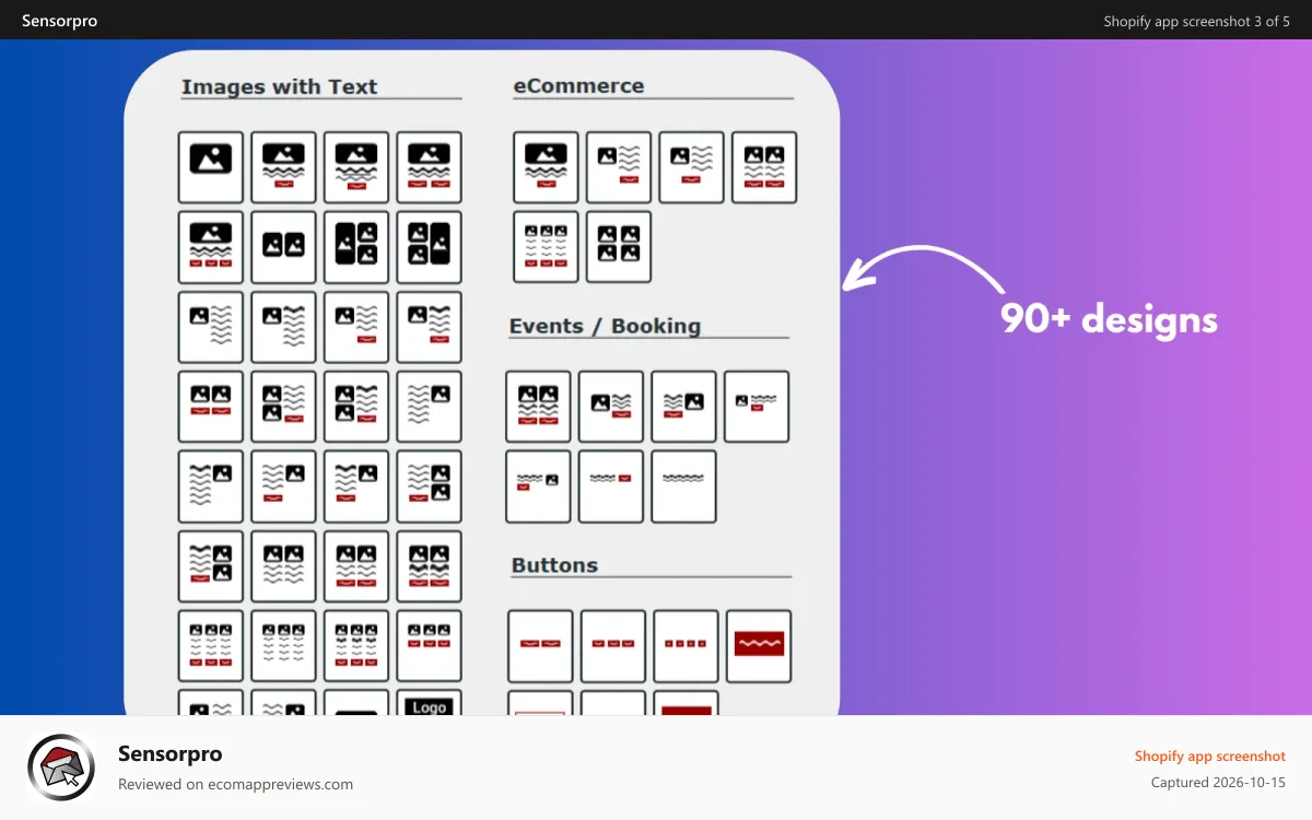Sensorpro Shopify app screenshot: 90+ designs