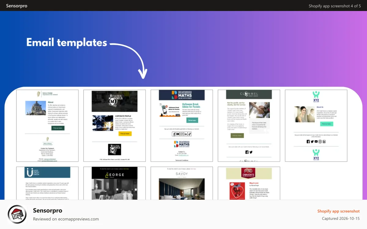 Sensorpro Shopify app screenshot: Email templates