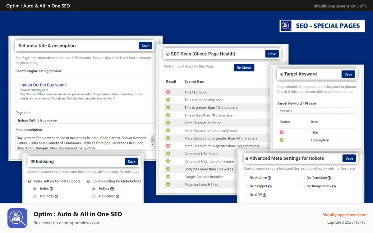 Optim : Auto & All in One SEO Shopify app screenshot: set unique and dynamic meta title and descriptions