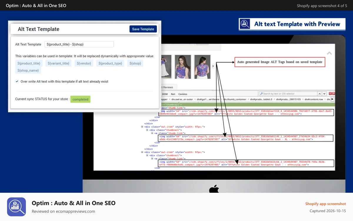 Optim : Auto & All in One SEO Shopify app screenshot: ALT tags / text for product images, dynamic and automatic