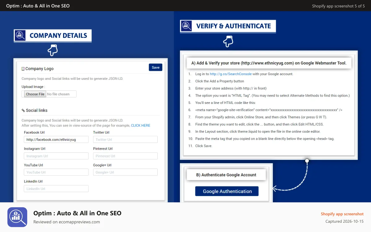 Optim : Auto & All in One SEO Shopify app screenshot: JSON - LD and social details for google to list