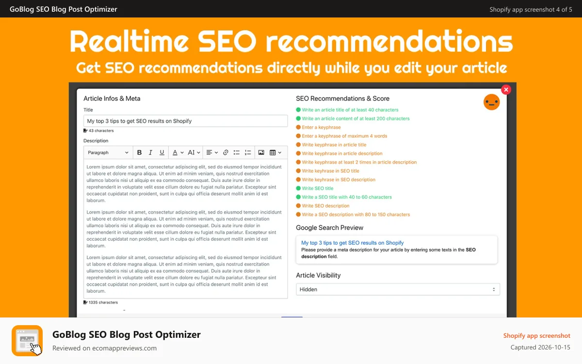 GoBlog SEO Blog Post Optimizer Shopify app screenshot: Get realtime SEO recommendations while you edit your article