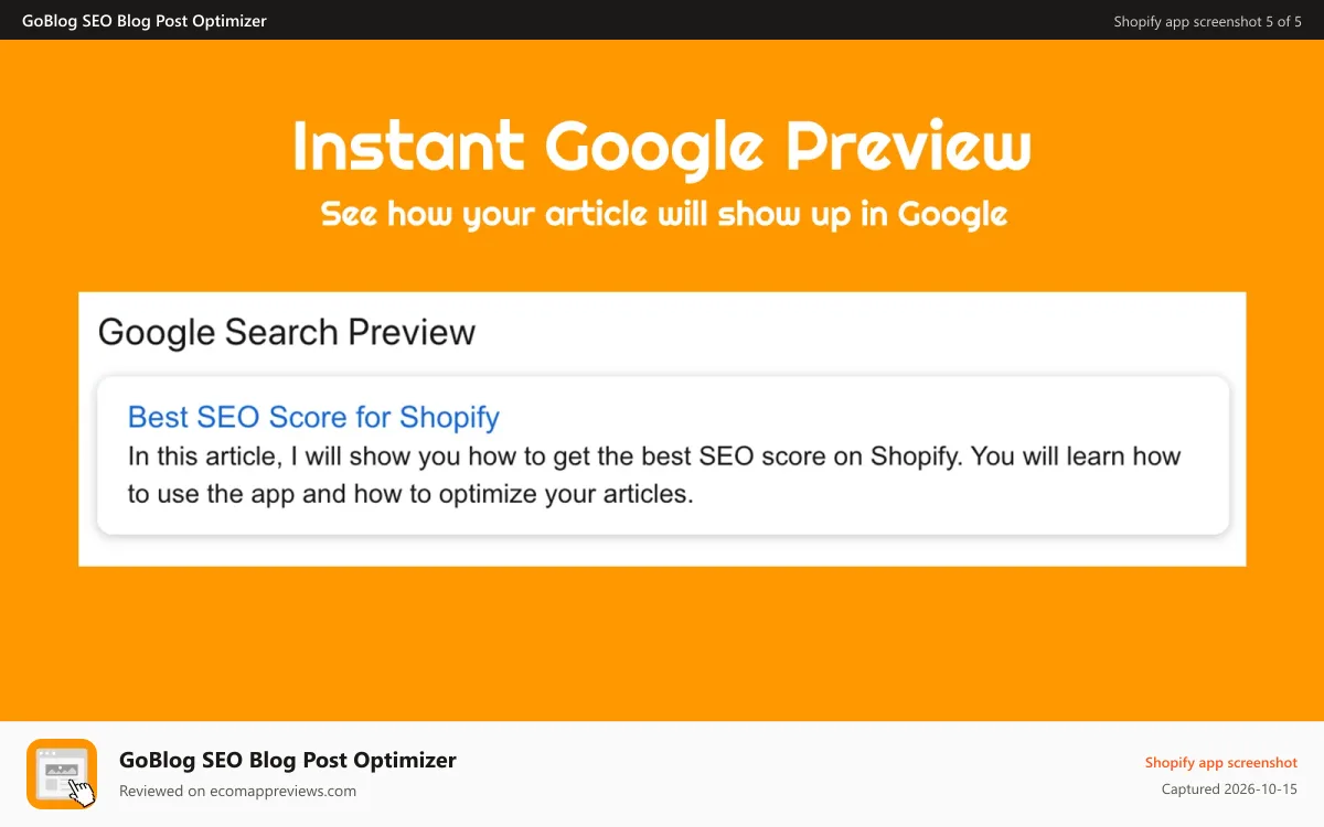 GoBlog SEO Blog Post Optimizer Shopify app screenshot: See what will your articles look like in the Google results