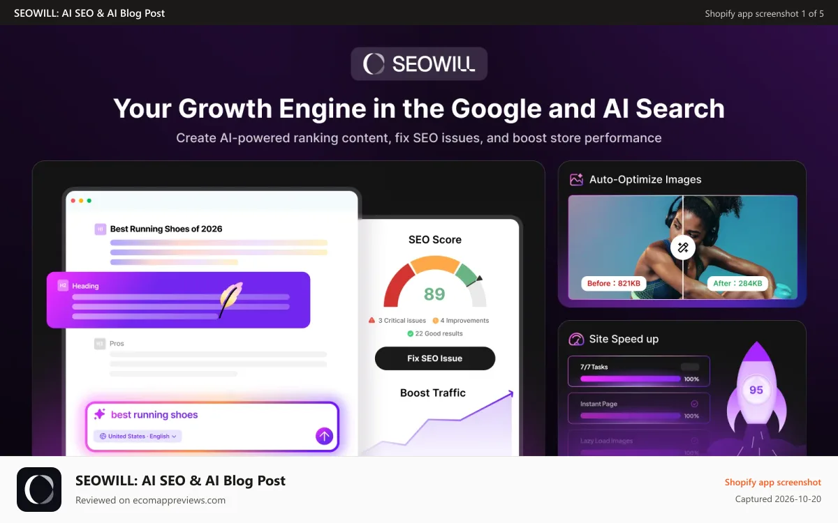 SEOWILL: AI SEO & AI Blog Post Shopify app screenshot: AI-Driven SEO Tools to Grow Your Business