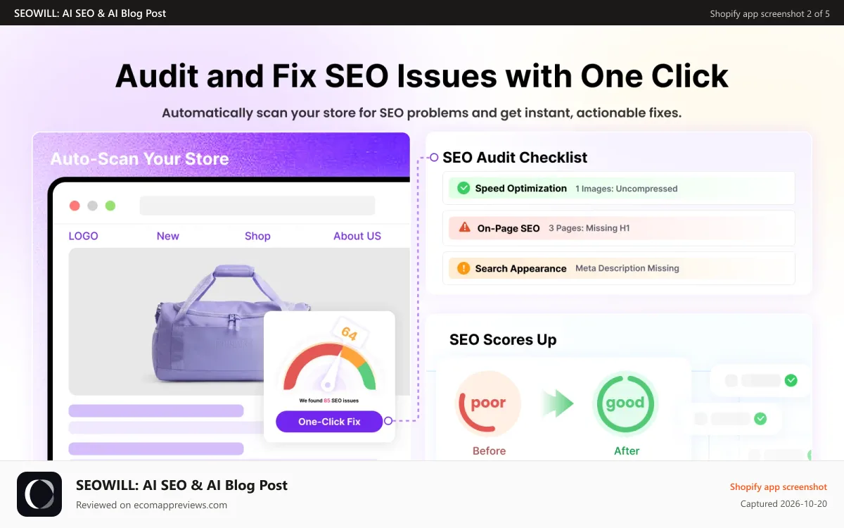 SEOWILL: AI SEO & AI Blog Post Shopify app screenshot: Scan and fix SEO issues across your store with one-click