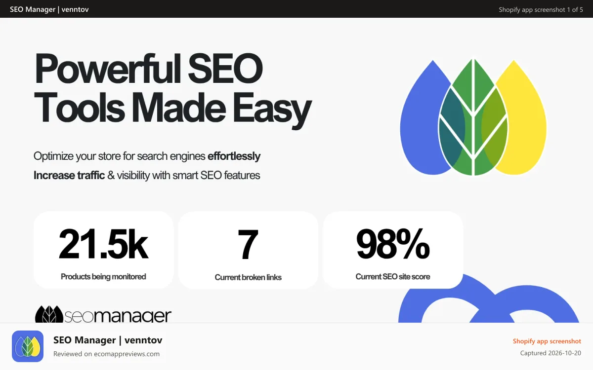 SEO Manager | venntov Shopify app screenshot: SEO tools to boost traffic & visibility on Shopify
