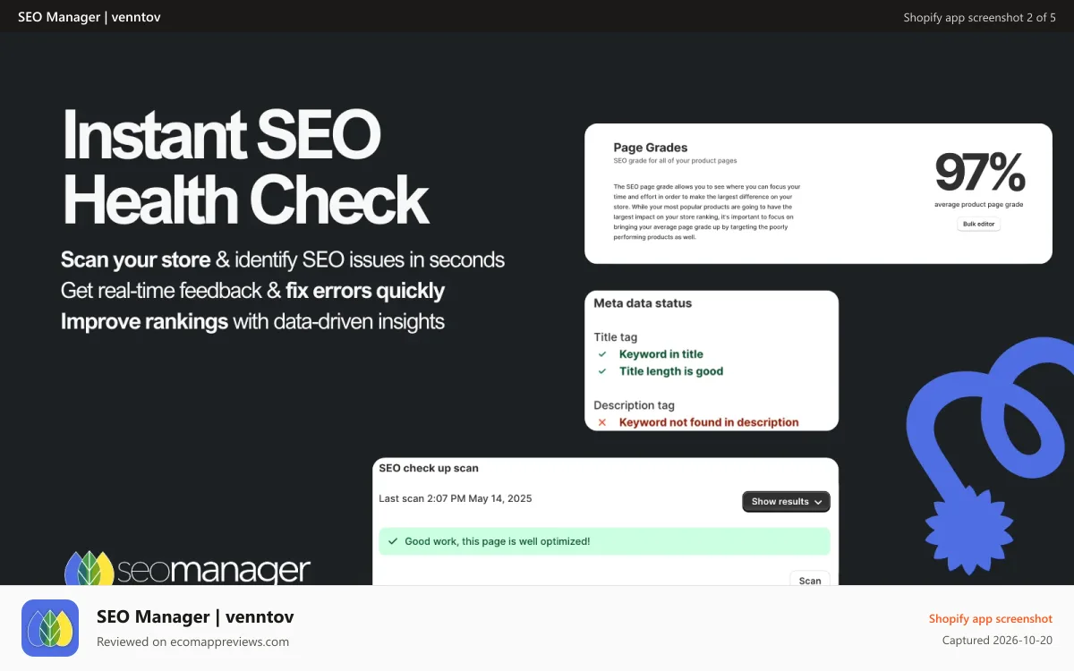 SEO Manager | venntov Shopify app screenshot: Instant SEO health check to fix Shopify issues fast