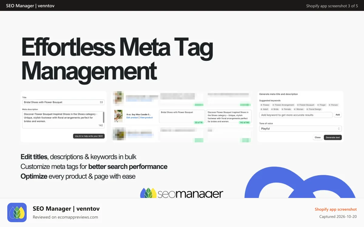 SEO Manager | venntov Shopify app screenshot: Bulk edit meta tags to optimize Shopify SEO easily