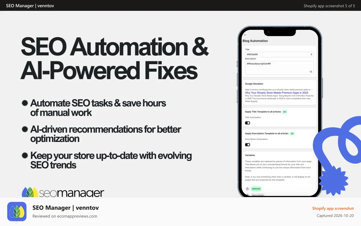 SEO Manager | venntov Shopify app screenshot: Automate SEO with AI-powered Shopify fixes