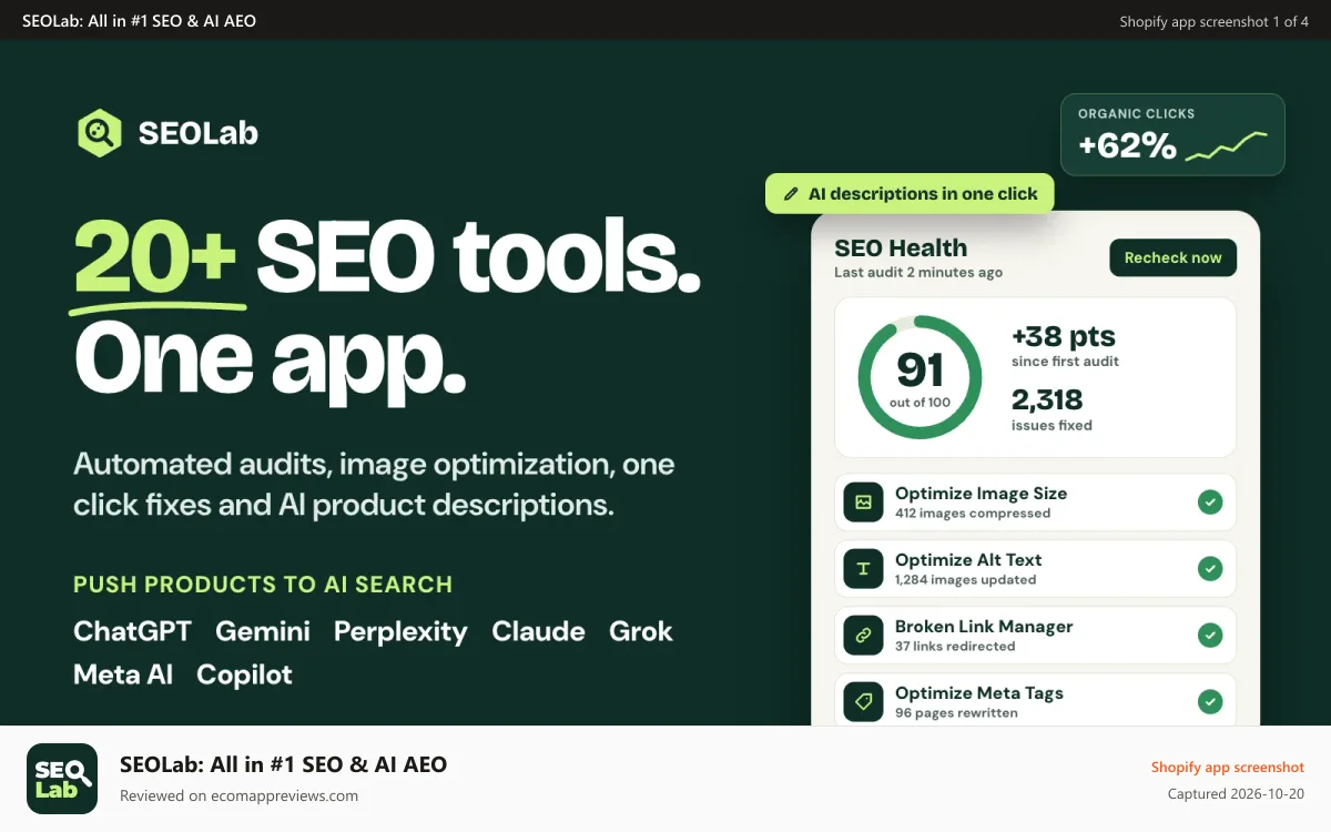 SEOLab: All in #1 SEO & AI AEO Shopify app screenshot: seo Image alt text Fixes seoant