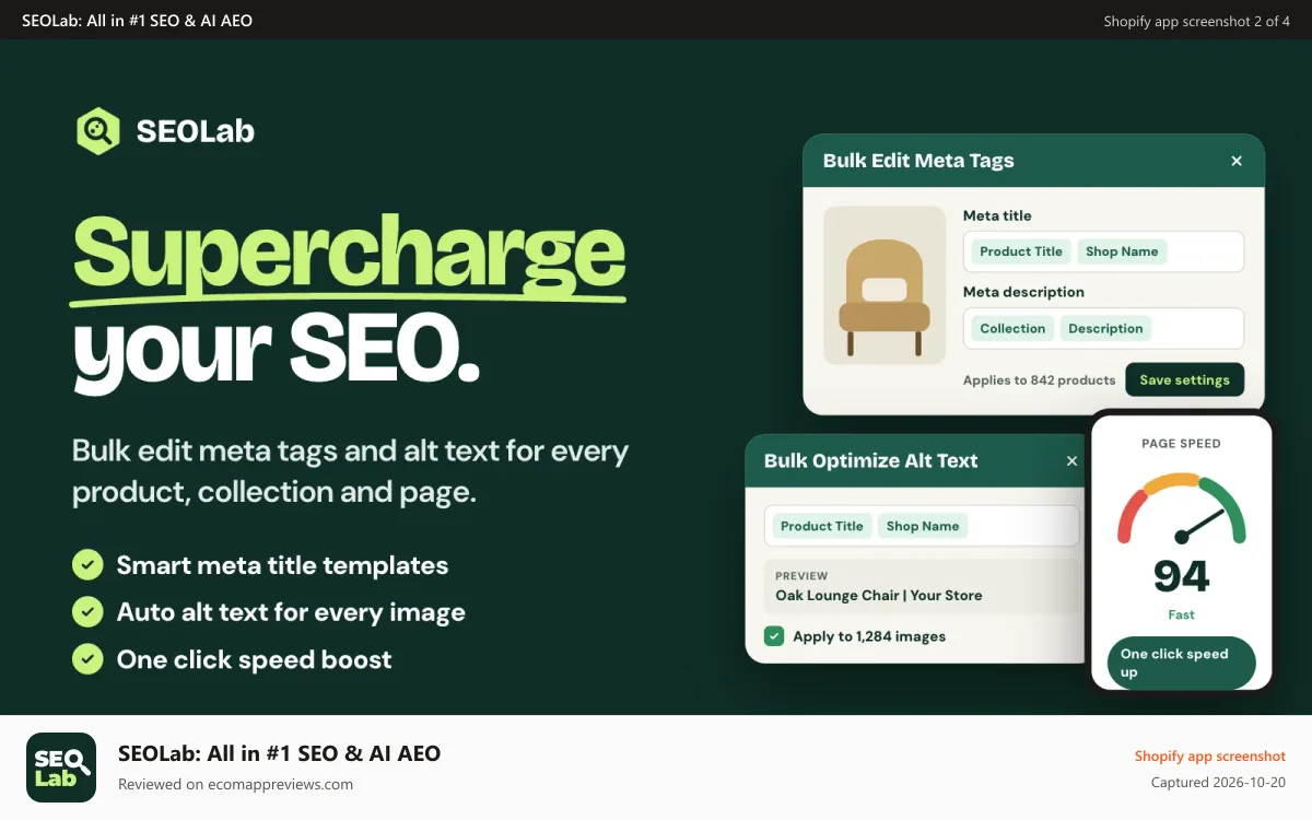 SEOLab: All in #1 SEO & AI AEO Shopify app screenshot: SEO Bulk Operation seoant
