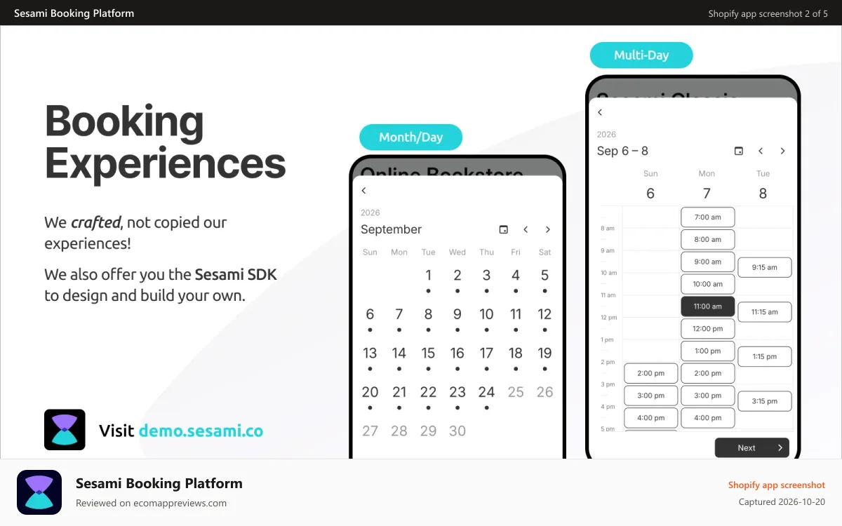 Sesami Booking Platform Shopify app screenshot: Sesami Booking Experiences, Calendars and SDK