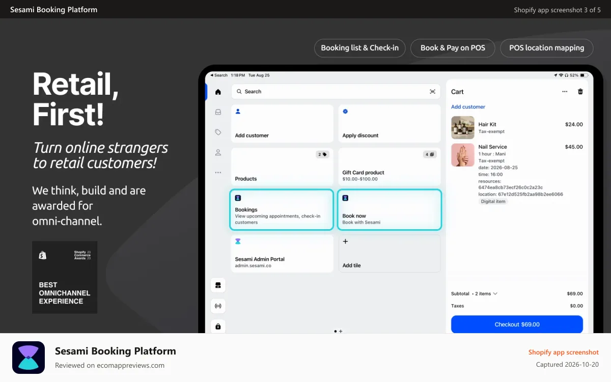 Sesami Booking Platform Shopify app screenshot: Sesami Bookings for Retail and Shopify POS