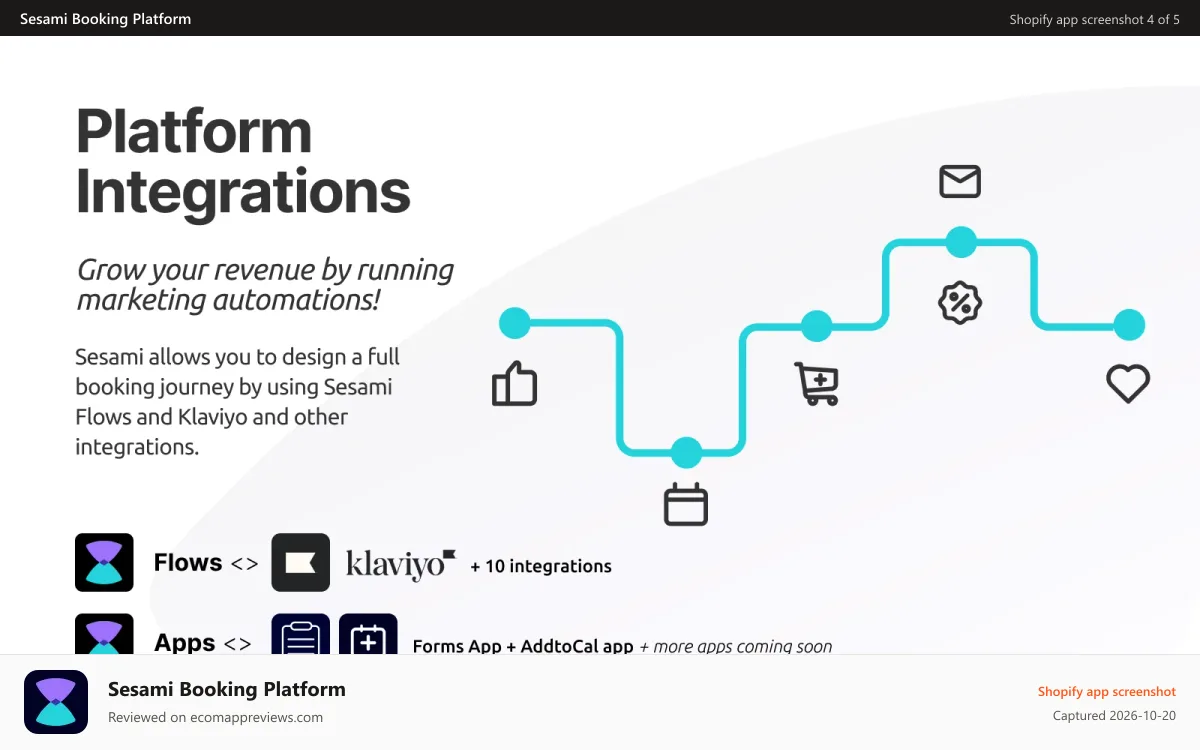 Sesami Booking Platform Shopify app screenshot: Sesami Integrations for Marketing, Klaviyo & other apps