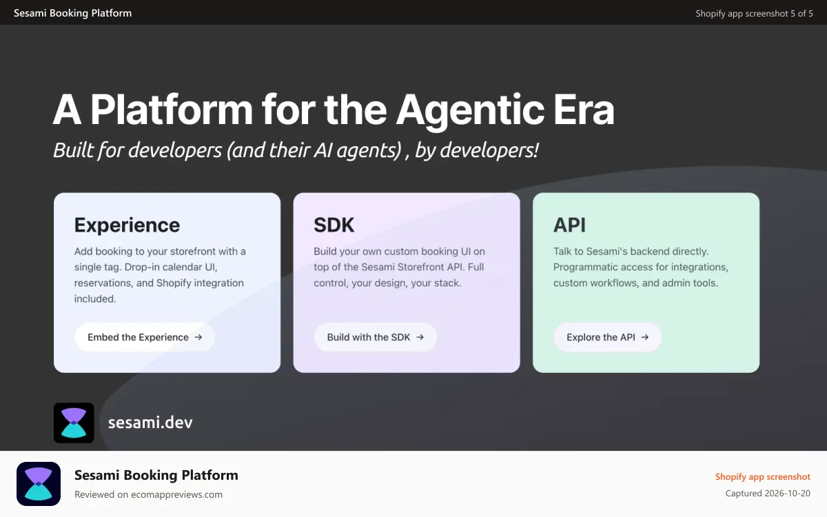 Sesami Booking Platform Shopify app screenshot: Sesami Booking Platform for Developers and AI Agents